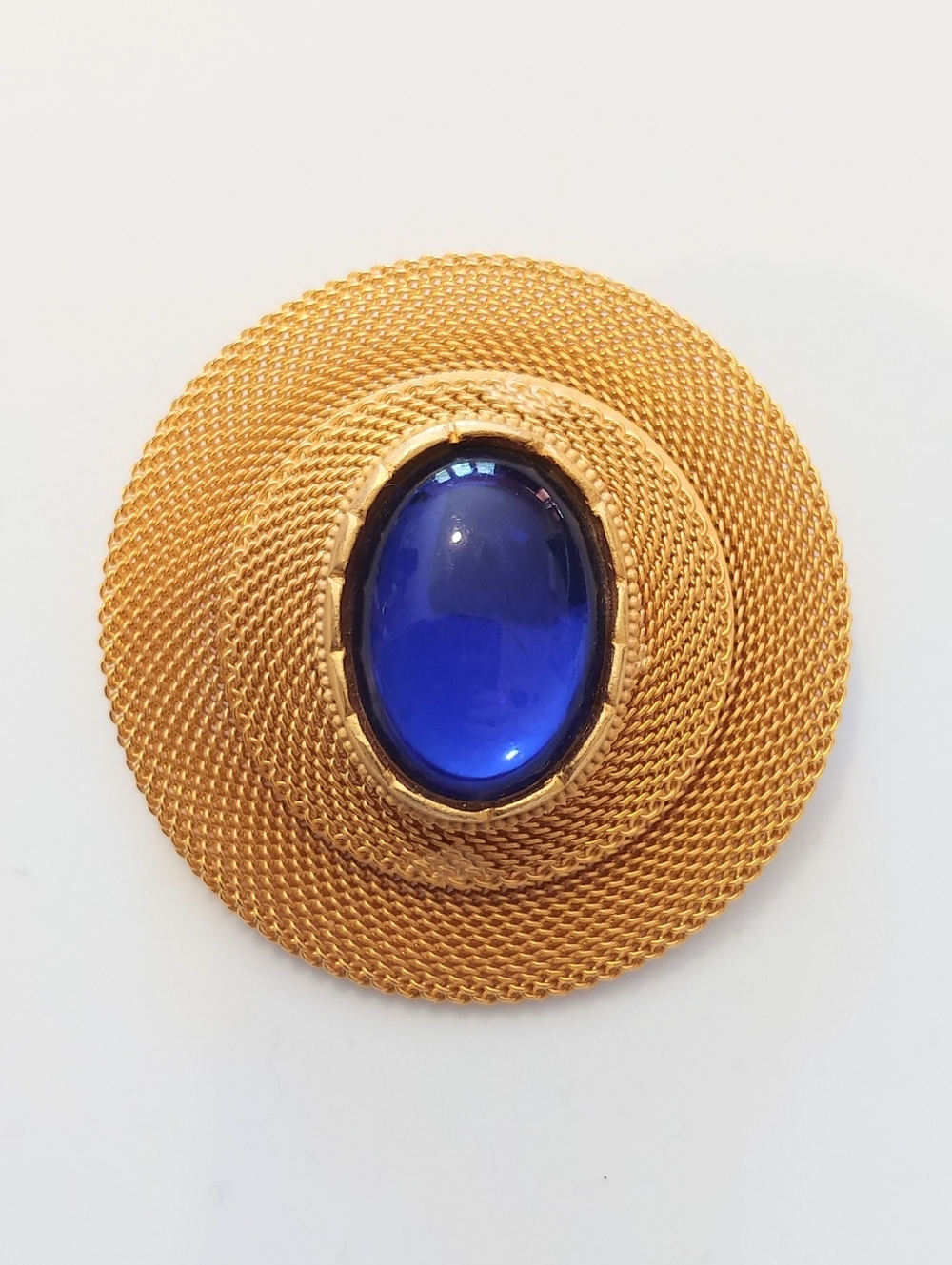 Vintage 80s Unsigned CRAFT Large Bold Shield Brooch Pin w/ Blue Lucite Cabachon
